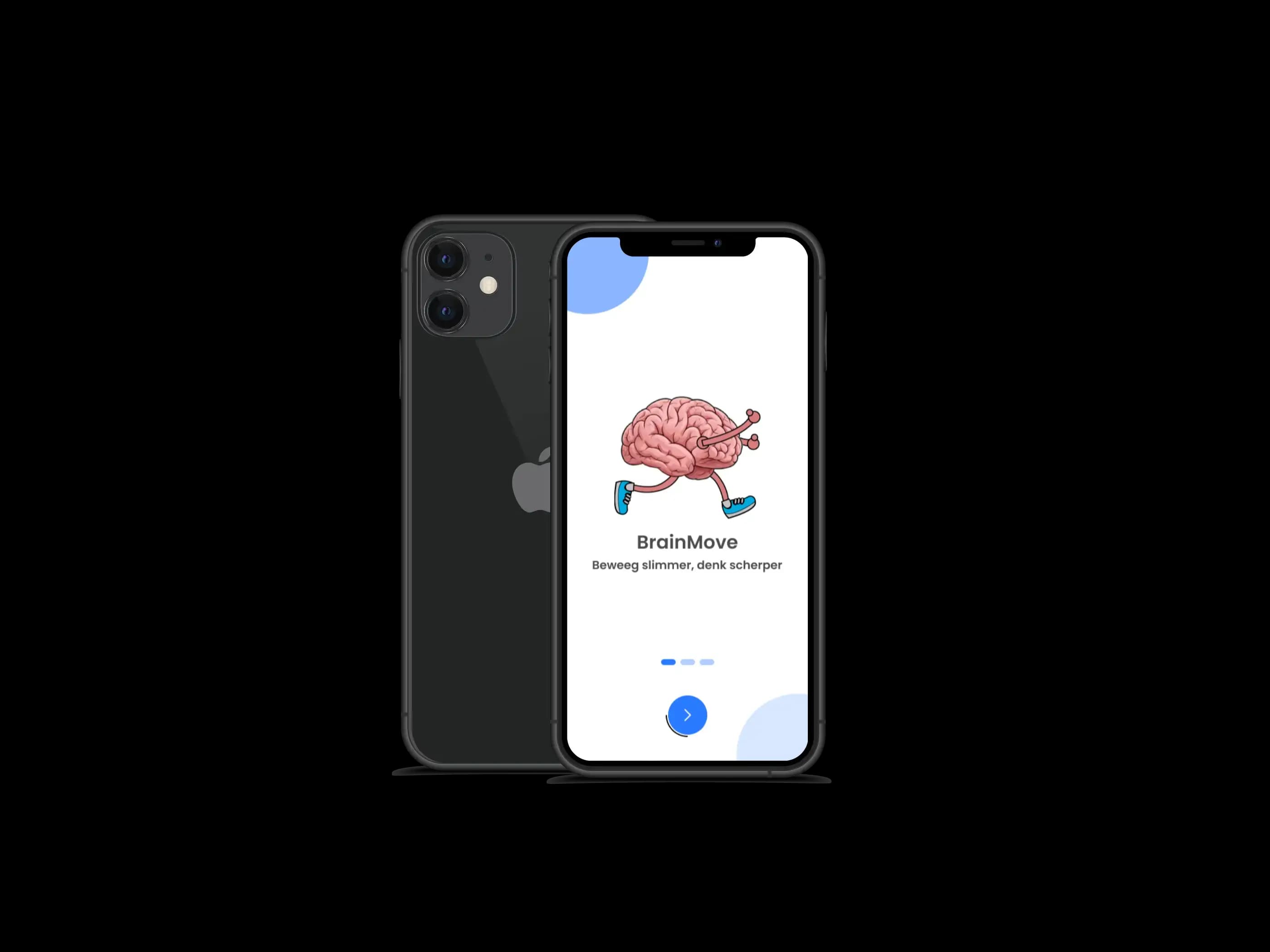 Black iPhone showing an app with a cartoon brain wearing shoes and running.