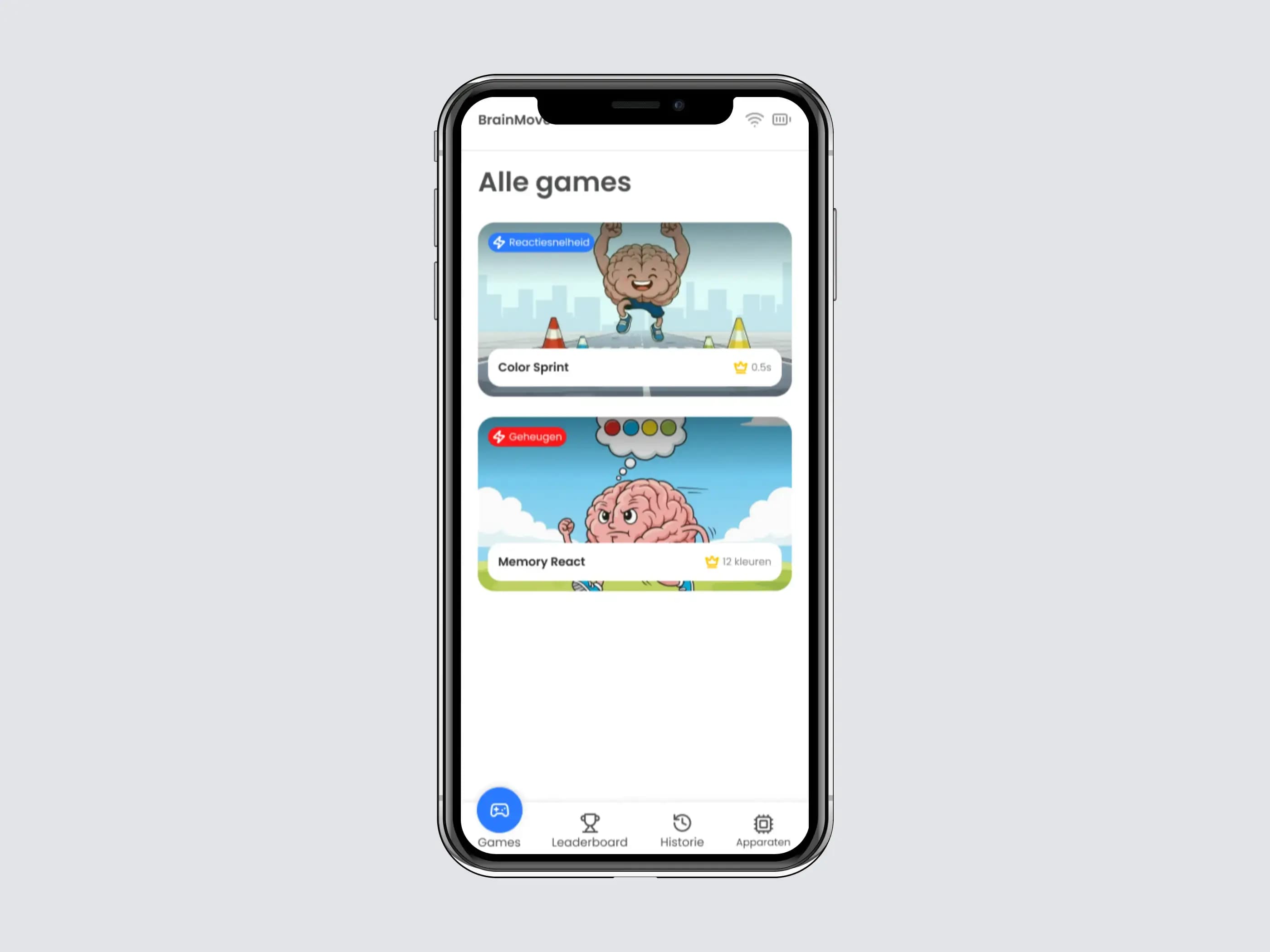 Smartphone screen displaying an app with a list of 'Alle games' and colorful game thumbnails.