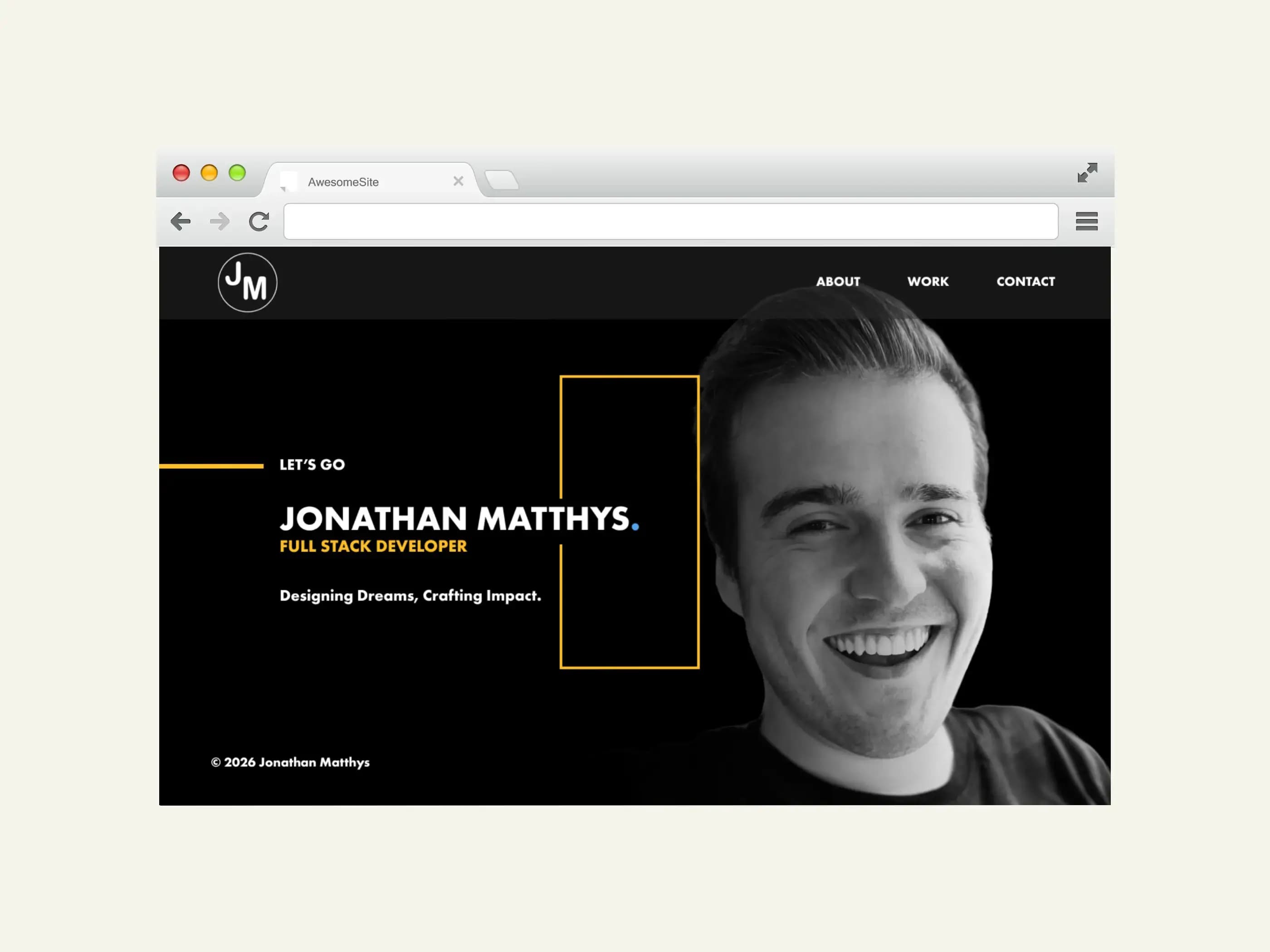 Web browser window open to Jonathan Matthys's personal website with his smiling face.